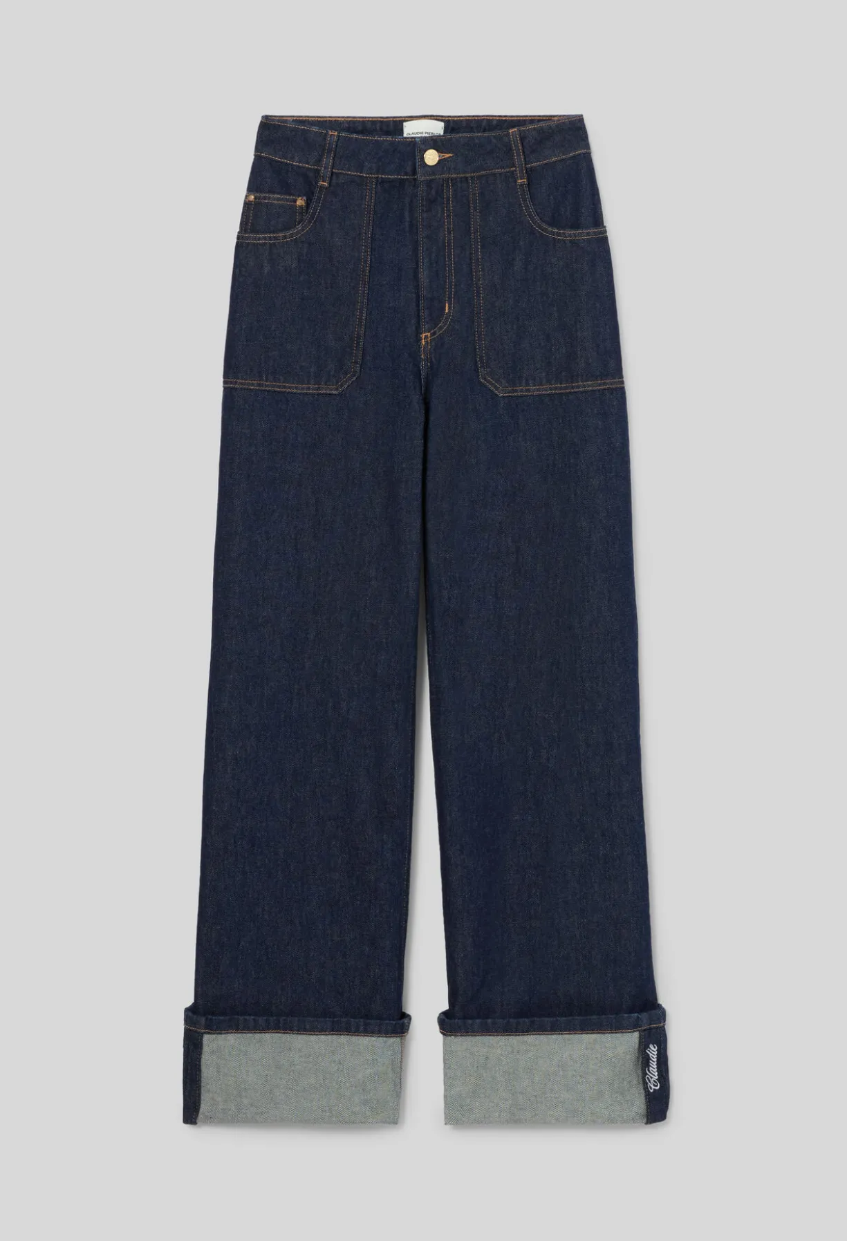 Jean jambes larges denim revers brodé