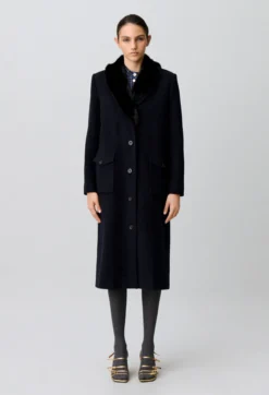 Manteau long laine col fausse fourrure