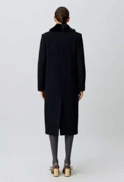 Manteau long laine col fausse fourrure