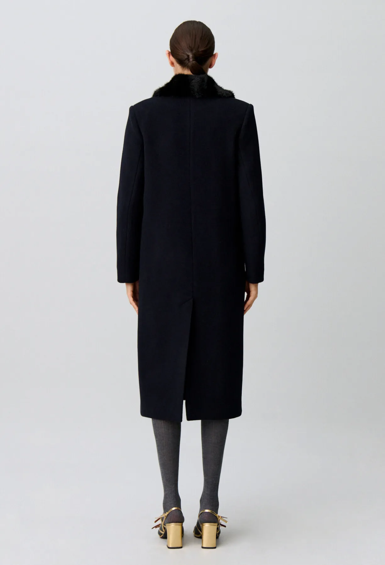 Manteau long laine col fausse fourrure