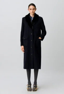 Manteau long laine col fausse fourrure