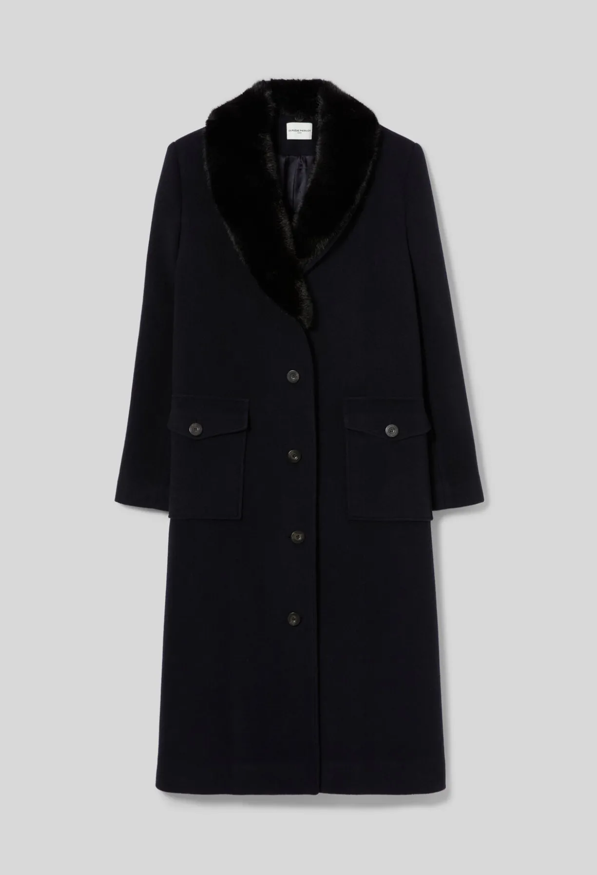 Manteau long laine col fausse fourrure