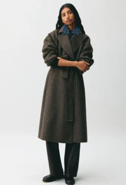 Manteau mi-long carreaux ceinture