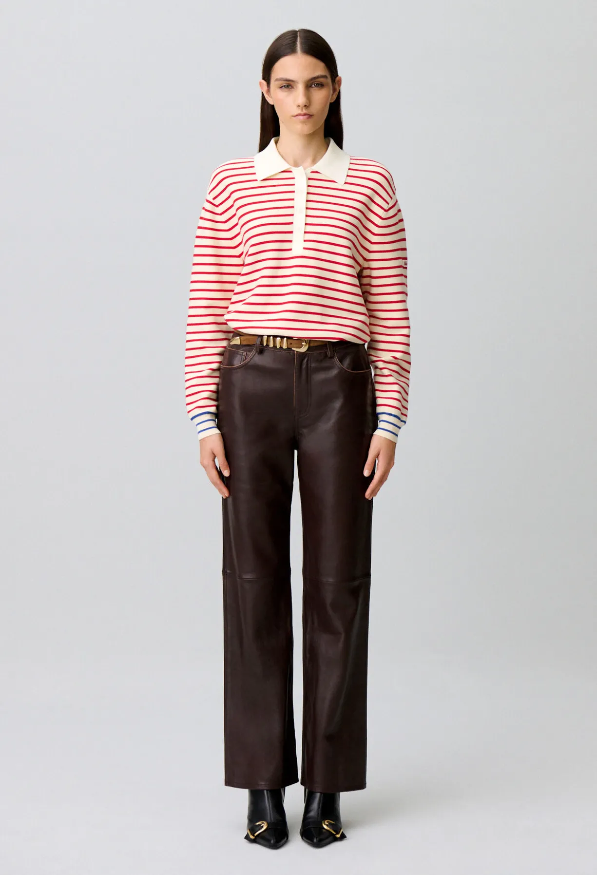 Pantalon droit cuir bouton doré