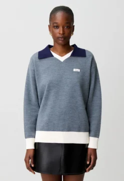 Pull maille double col contrasté