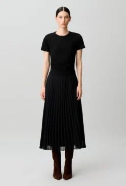 Robe droite bi-matière plissée