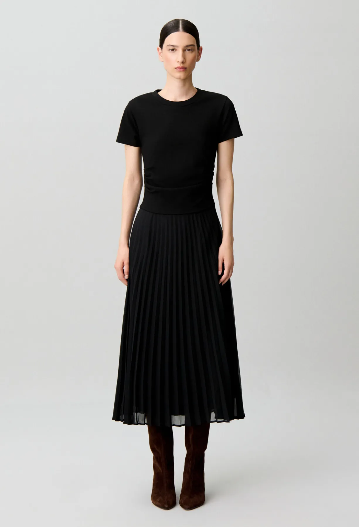 Robe droite bi-matière plissée