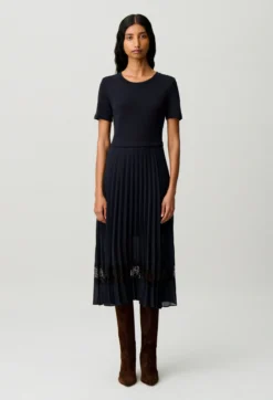 Robe midi bi-matière noire et marine