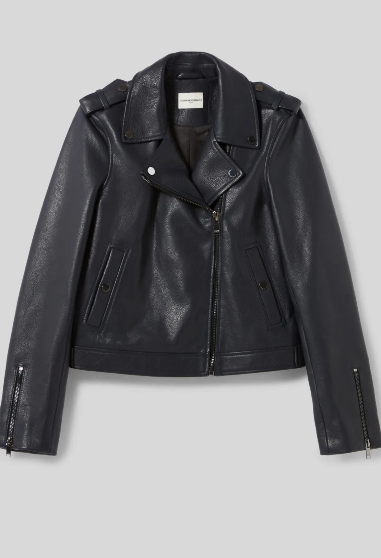 Veste cuir grainé bleu marine
